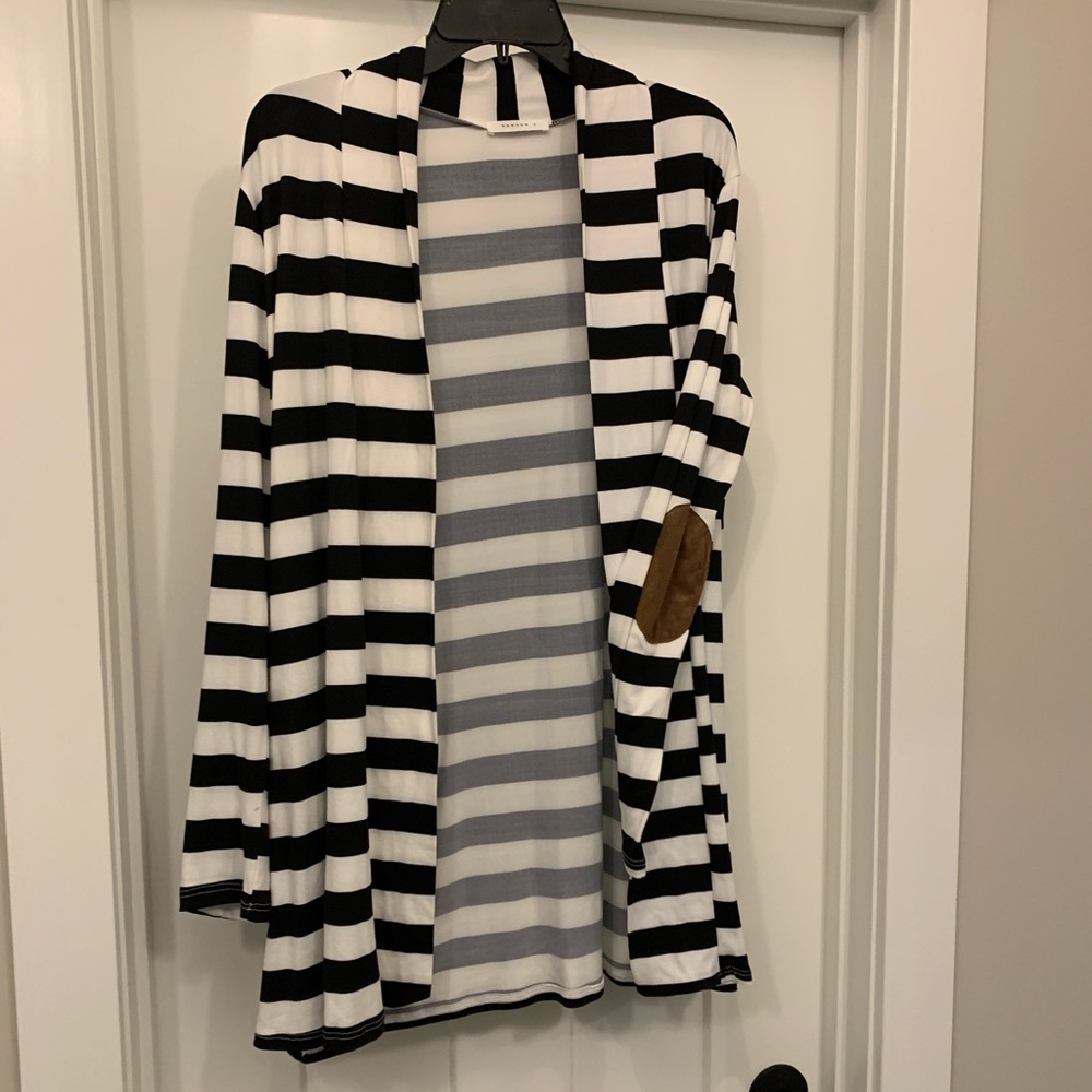 Black & White Stripe Cardigan w/Elbow Patch